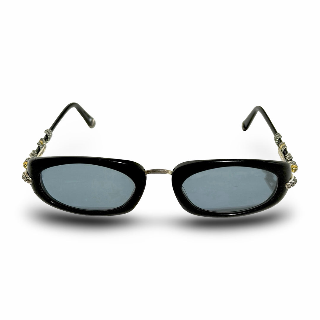 1980’S NEW WAVE BLACK & SILVER ACCENTED FRAME BLUE LENS SUNGLASSES