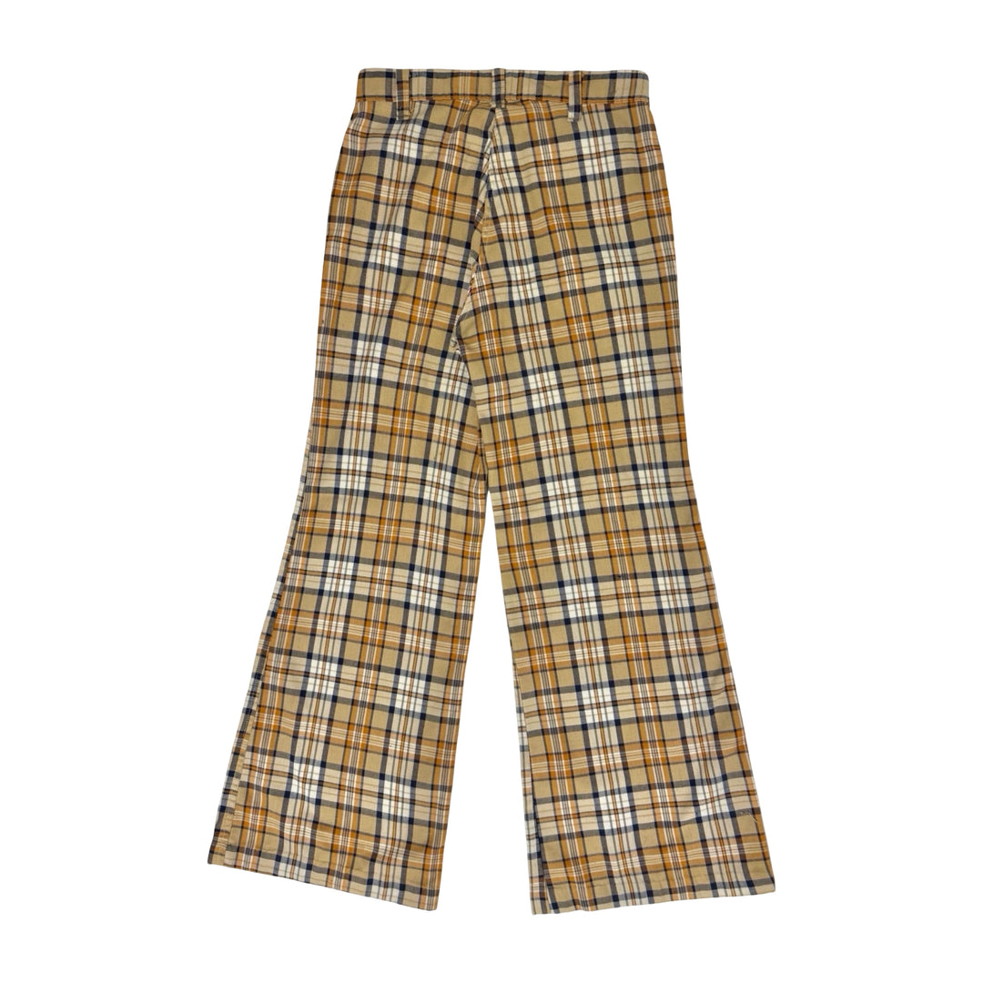 1970’S TAN OCHRE CHECK PLAID MADE IN USA FLARE HIGH WAISTED BELL BOTTOM PANTS 30 X 30