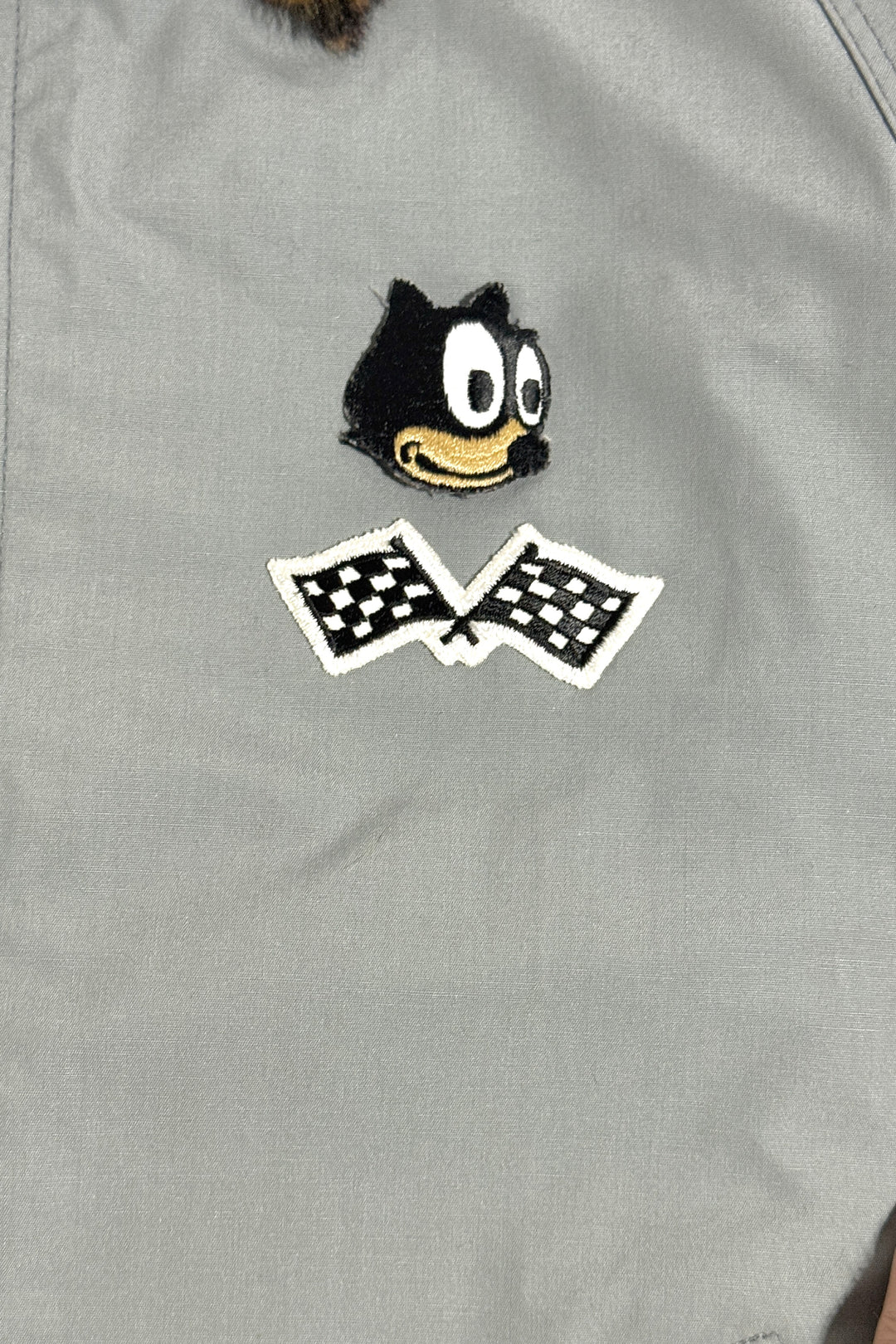 1970’S MASK MADE IN USA CROPPED FELIX THE CAT LEOPARD PRINT FUR COLLAR PATCHED RACING JACKET LARGE