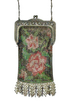 Load image into Gallery viewer, 1920’S WHITING &amp; DAVIS MADE IN USA ART DECO ENAMELED REPAIRED MESH CLASPED PURSE
