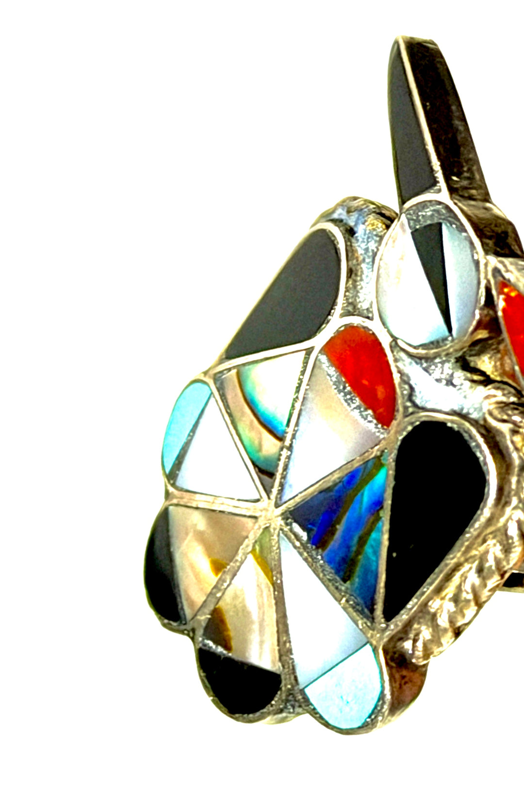 1960’S ZUNI PEYOTE BIRD .925 STERLING SILVER ONYX MOP CORAL TURQUOISE RING SIZE 6