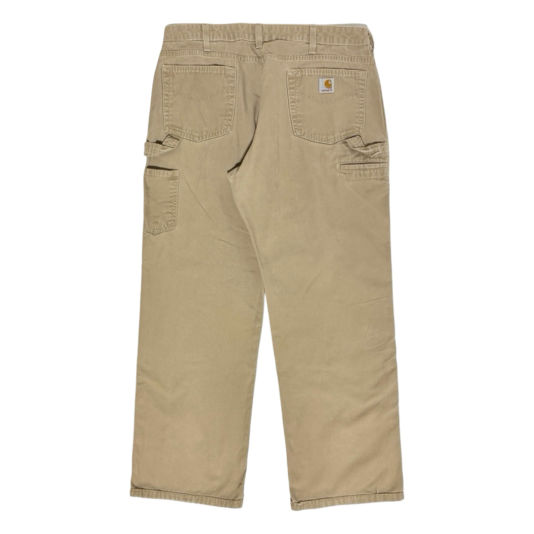 1990’S CARHARTT MADE IN USA THRASHED &amp; FADED KHAKI DUCK CANVAS CARPENTER WORKWEAR PANTS 36 X 28