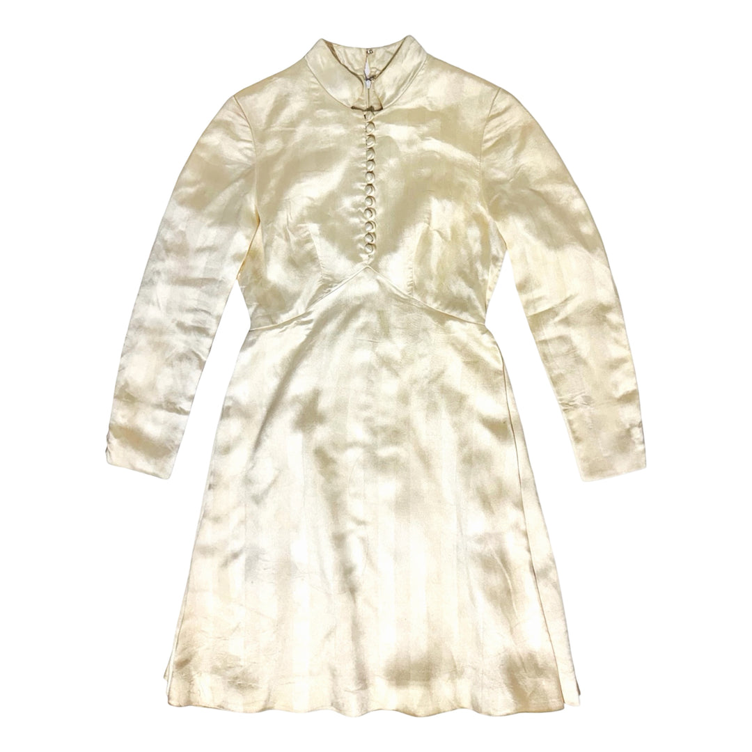 1960’S JOANNA NELSON FOR ROBINSON’S CALIFORNIA MADE IN USA IVORY SILK BLEND MANDARIN COLLAR DRESS WOMEN’S SMALL/MEDIUM