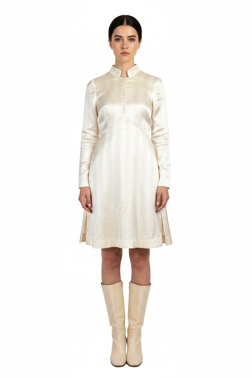 1960’S JOANNA NELSON FOR ROBINSON’S CALIFORNIA MADE IN USA IVORY SILK BLEND MANDARIN COLLAR DRESS WOMEN’S SMALL/MEDIUM