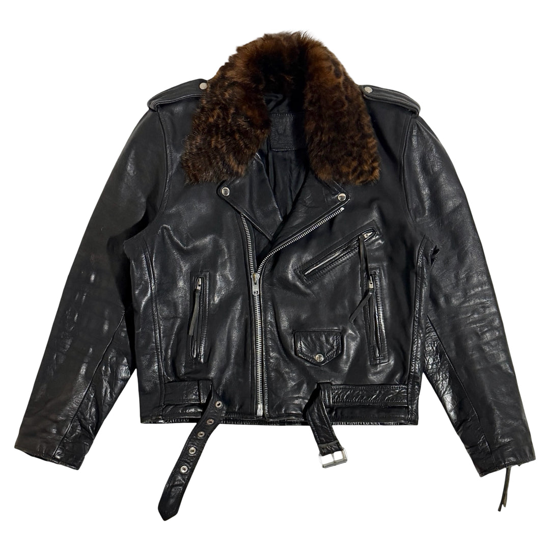 1990’S MADE IN USA CROPPED REMOVABLE LEOPARD PRINT SHEARLING LEATHER COLLAR THRASHED &amp; FADED BLACK LEATHER MOTORCYCLE JACKET LARGE