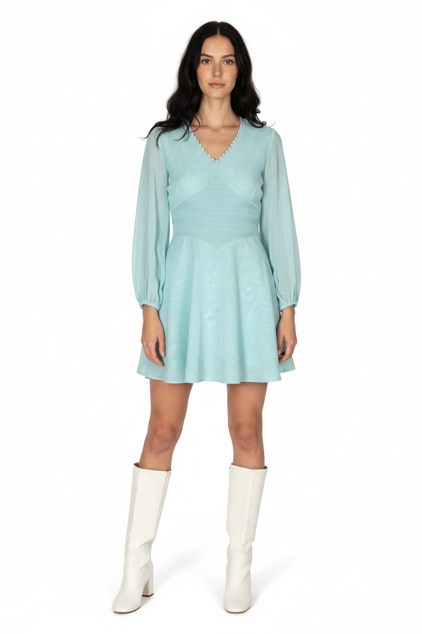 1970S PRAIRIE ROMANTIC TEAL BLUE BISHOP SLEEVE SMOCKED WAIST MINI DRESS X-SMALL/SMALL