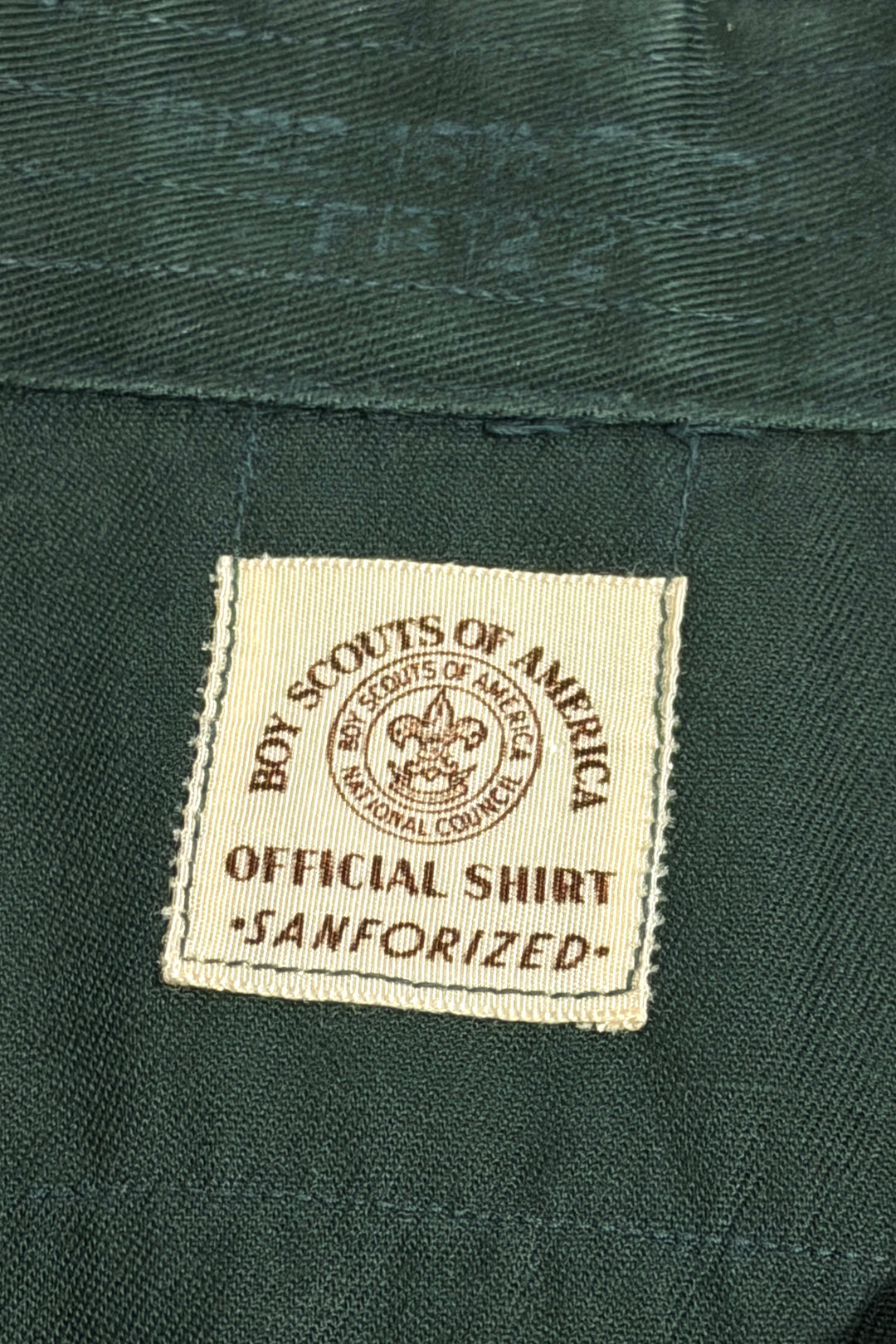 1950’S BSA SANTA FE TRAIL COUNCIL SELVEDGE TWILL PATCHED EXPLORER FOREST GREEN L/S B.D. CAMPING SHIRT  LARGE