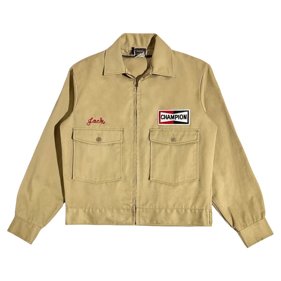 1960’S LEE CHETOPA TWILL MADE IN USA CROPPED CHAINSTITCHED KHAKI “CHAMPION SPARK PLUGS” WORK WEAR GARAGE JACKET LARGE