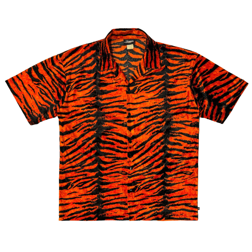 1990’S HOAX MADE IN USA TIGER PRINT VELOUR S/S B.D. SHIRT LARGE