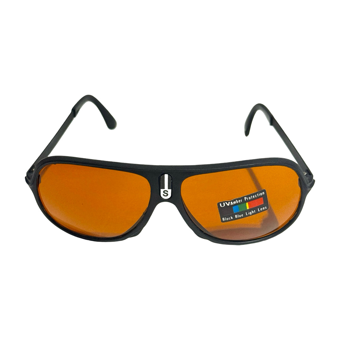 1970’S DEADSTOCK BLACK FRAME BLU BLOCKER LENSE AVIATOR SUNGLASSES