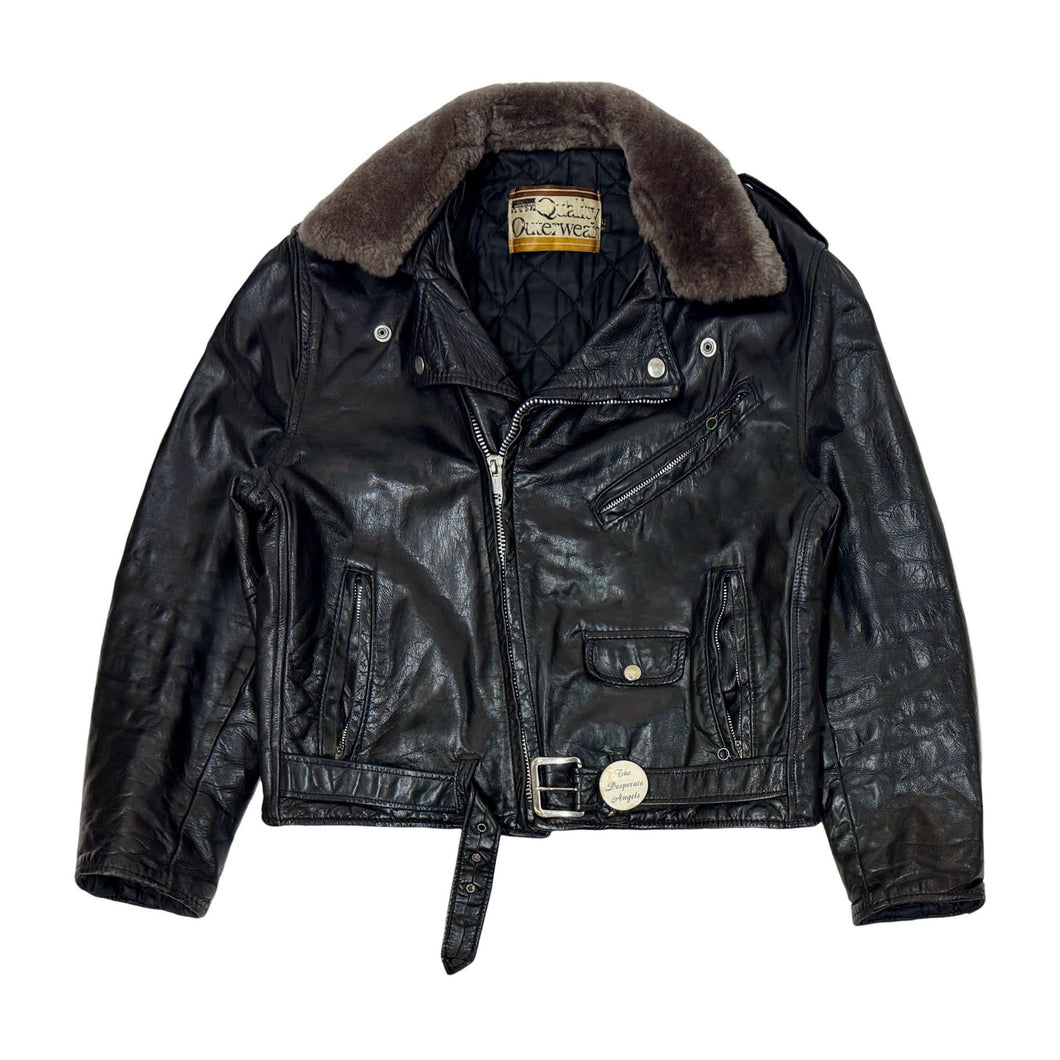 1970’S MONTGOMERY WARD MADE IN USA CROPPED SHEARLING COLLAR LEATHER MOTORCYCLE JACKET MEDIUM