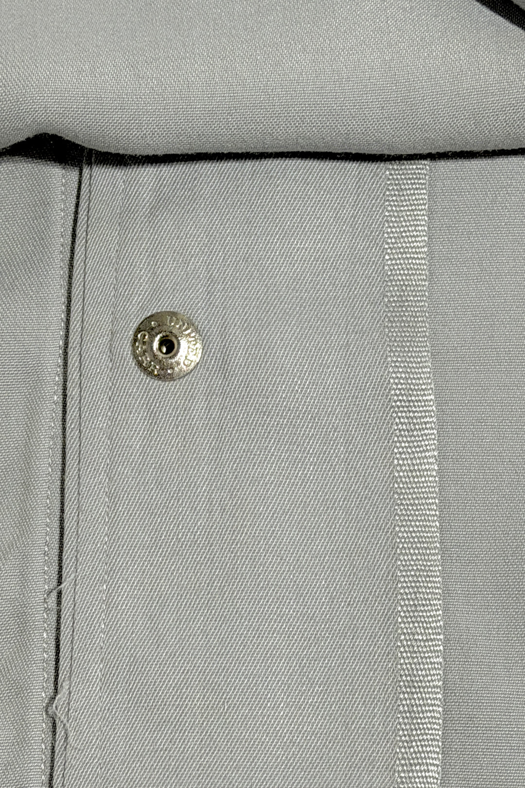 1950’S FOLEY’S MEN’S SHOPS HOUSTON MADE IN USA CHAINSTITCHED FLORAL TWO TONE GRAY & BLACK SMILE POCKET SELVEDGE GABARDINE WESTERN PEARL SNAP L/S B.D. SHIRT X-LARGE