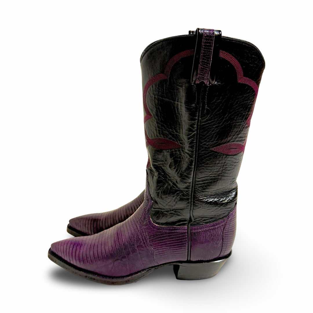 1970’S LARRY MAHAN MADE IN USA PURPLE LIZARD LEATHER CONTRAST BLACK EMBROIDERED POINTED TOE WESTERN COWBOY BOOTS WOMEN’S 7.5