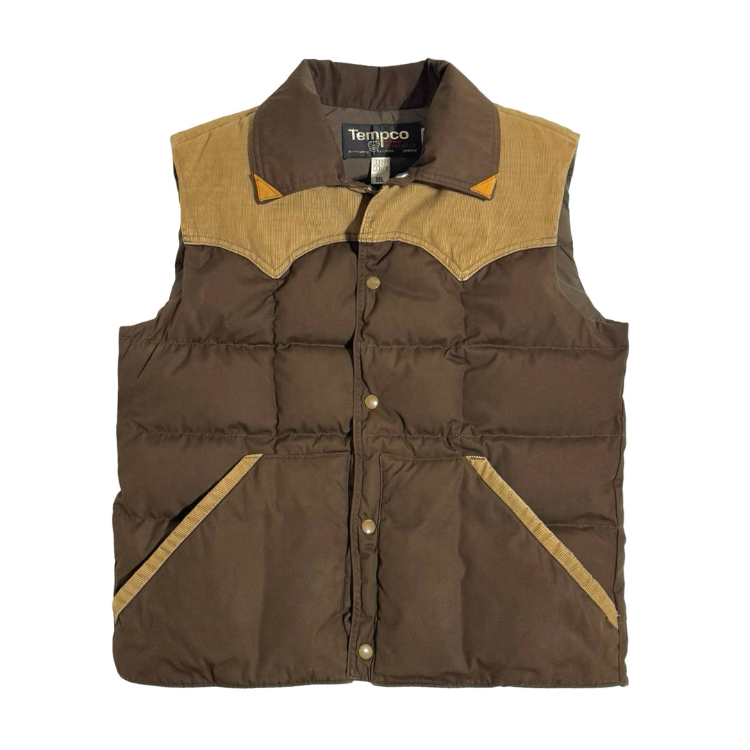 1970’S TEMPCO MADE IN USA CROPPED WESTERN CORDUROY YOKE LEATHER ACCENT QUILTED GOOSE DOWN VEST LARGE