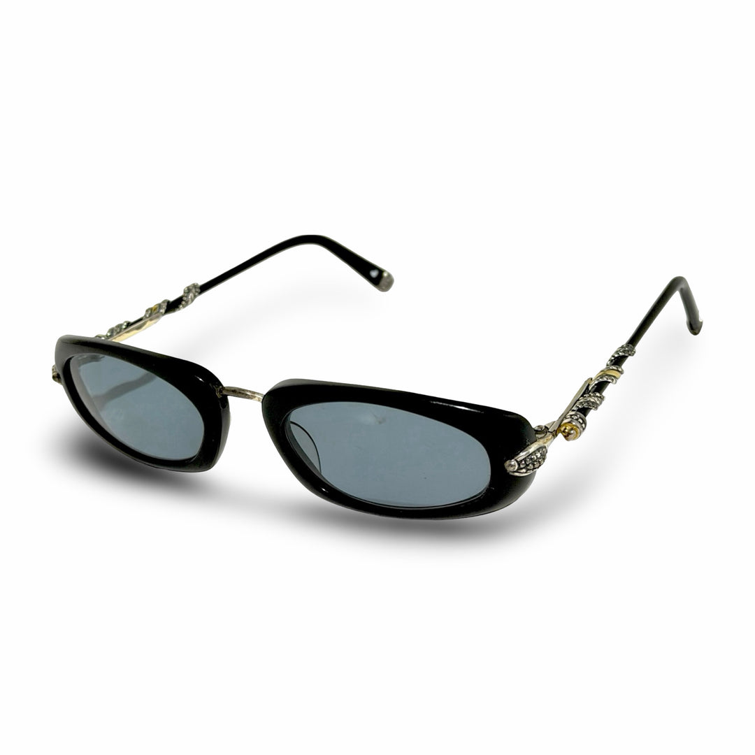 1980’S NEW WAVE BLACK & SILVER ACCENTED FRAME BLUE LENS SUNGLASSES