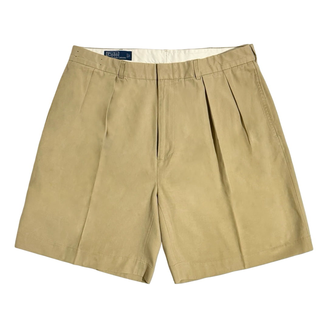 1990’S POLO RALPH LAUREN SILK BLEND HIGH WAISTED PLEATED KHAKI 8” SHORTS 36