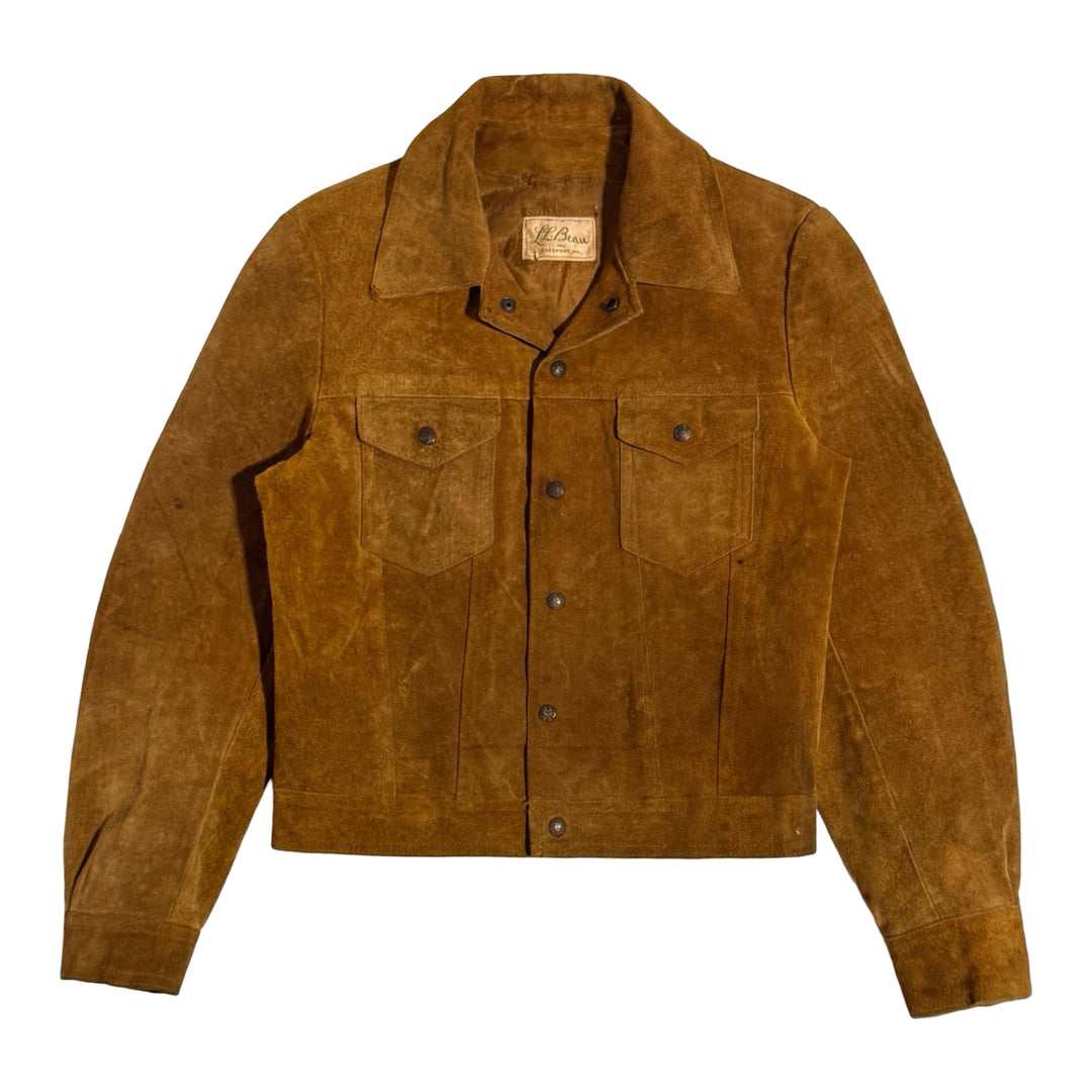 1970’S LL BEAN MADE IN USA CROPPED HONEY SUEDE LEATHER TYPE III TRUCKER JACKET LARGE