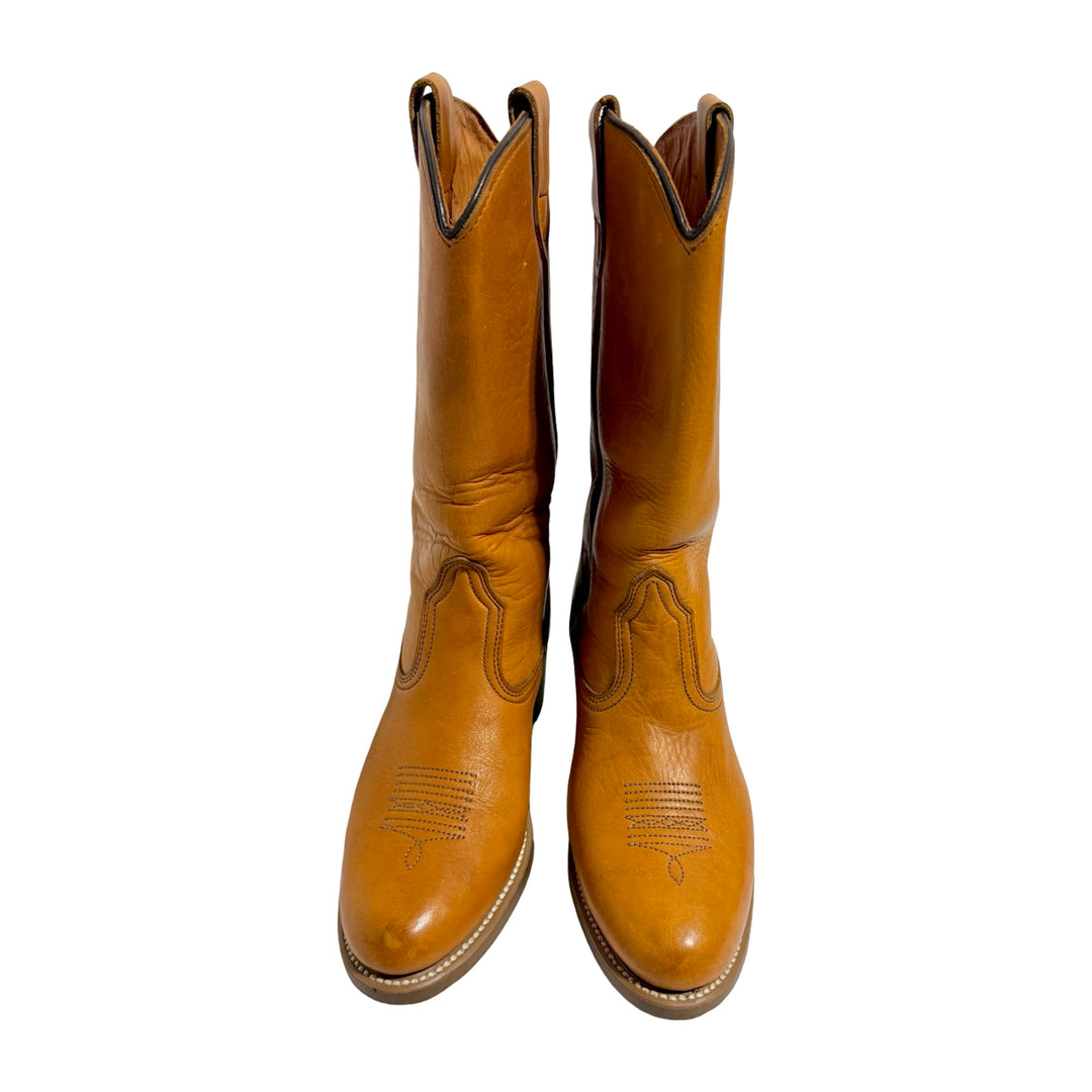 1970’S DEADSTOCK WOLVERINE MADE IN USA BENCHMADE VIBRAM SOLE NATURAL LEATHER COWBOY ROPER WORK BOOTS 9.5