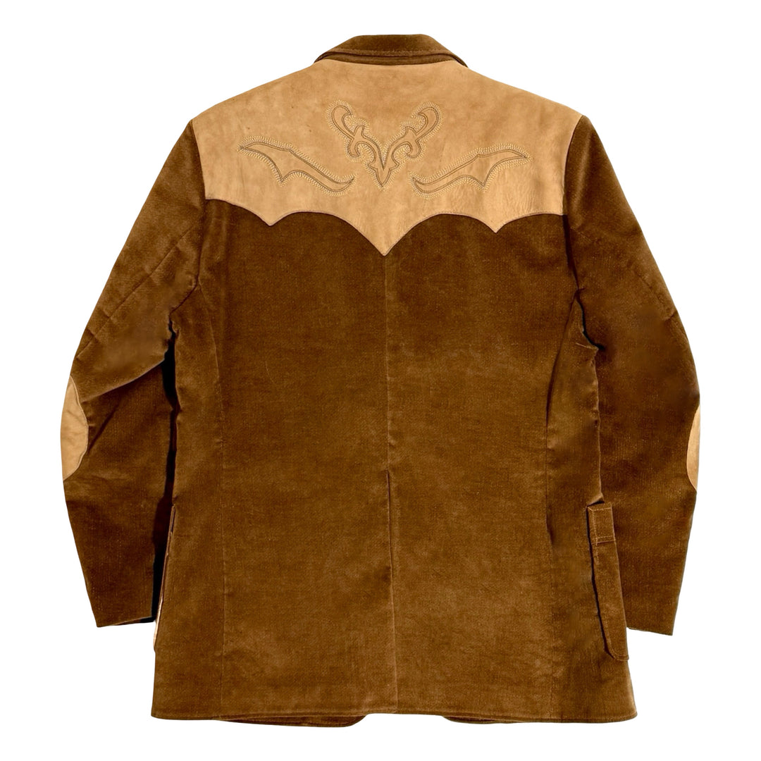 1970’S BRAD WHITNEY MADE IN USA WESTERN EMBROIDERED SUEDE LEATHER YOKE VELOUR BLAZER SUIT JACKET 44R