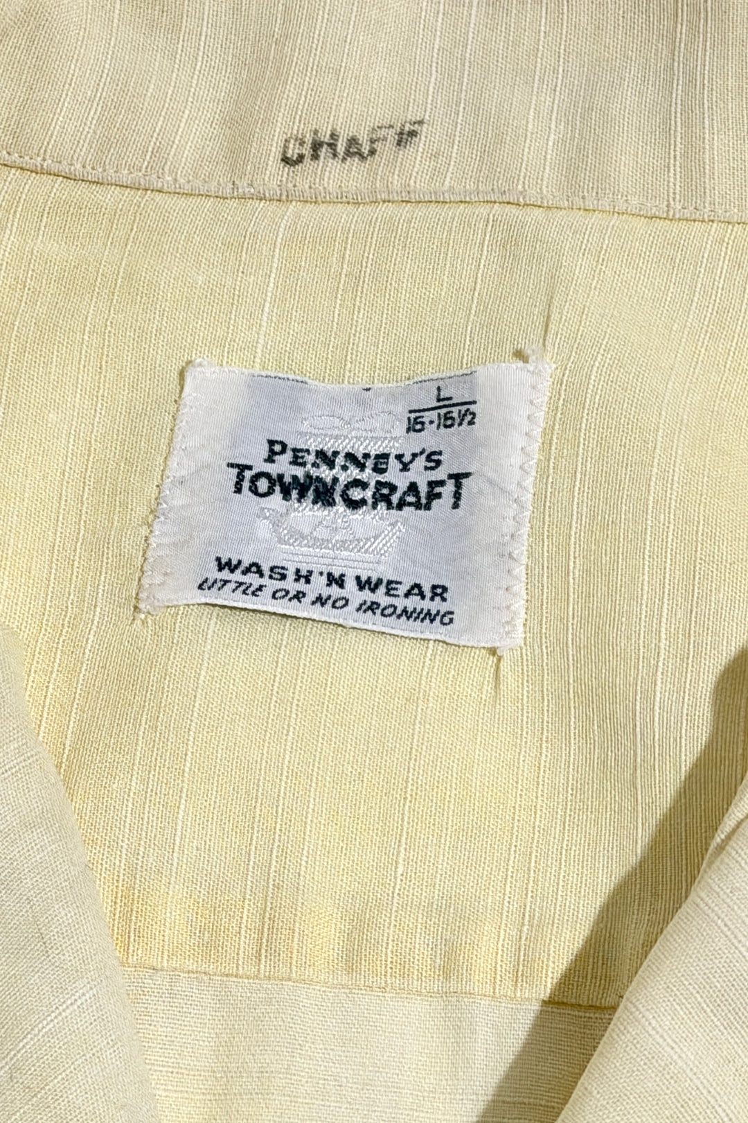 1940’S PENNEY’S TOWNCRAFT MADE IN USA THRASHED &amp; FADED CROPPED SELVEDGE YELLOW LOOP COLLAR S/S B.D. SHIRT X-LARGE