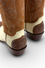 Load image into Gallery viewer, 1980’S CUSTOM MADE IN USA TWO TONE HAND STAMPED LEATHER COWBOY BOOTS WOMEN’S 8.5 MEN’S 7.5
