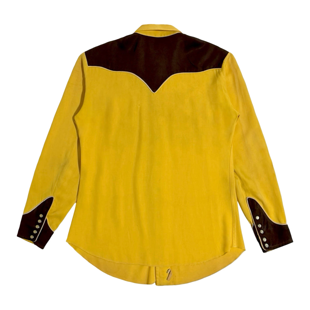 1940’S CALIFORNIA RANCHWEAR LOS ANGELES MADE IN USA CHAINSTITCHED FLORAL APPLIQUÉ SMILE POCKET YELLOW & BROWN CONTRAST GABARDINE WESTERN PEARL SNAP L/S B.D. SHIRT MEDIUM