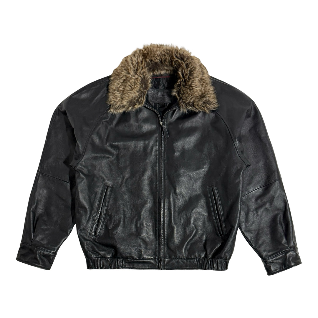 1990’S ST JOHN’S BAY CROPPED REMOVABLE FUR COLLAR LEATHER JACKET LARGE