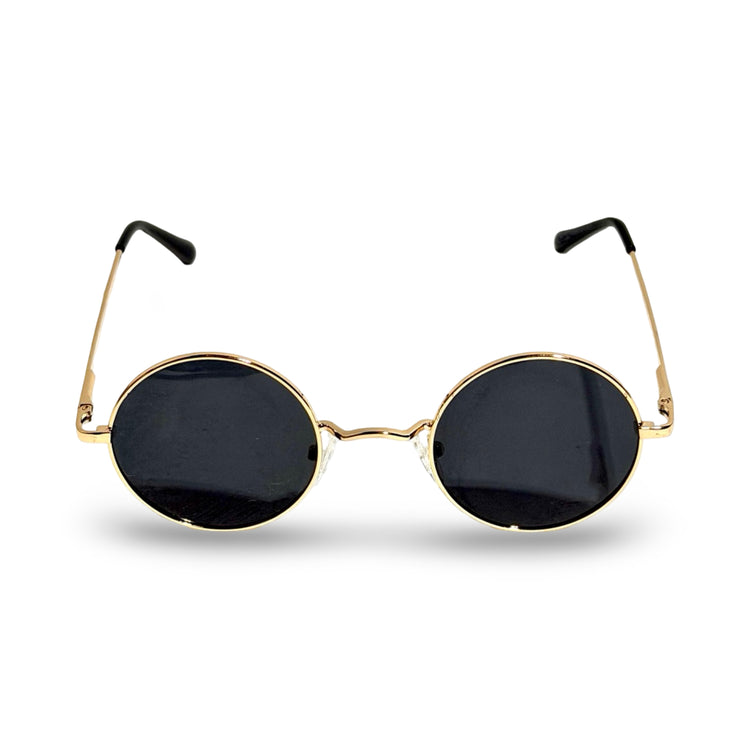 1970'S GOLD ROUND WIRE FRAME BLACK LENS SUNGLASSES