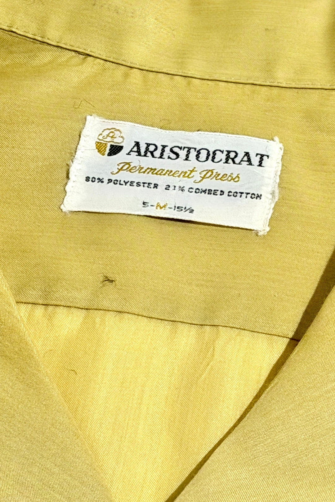1960’S ARISTOCRAT MADE IN USA FADED &amp; REPAIRED CROPPED SELVEDGE EMBROIDERED YELLOW SATIN LOOP COLLAR S/S B.D. SHIRT LARGE