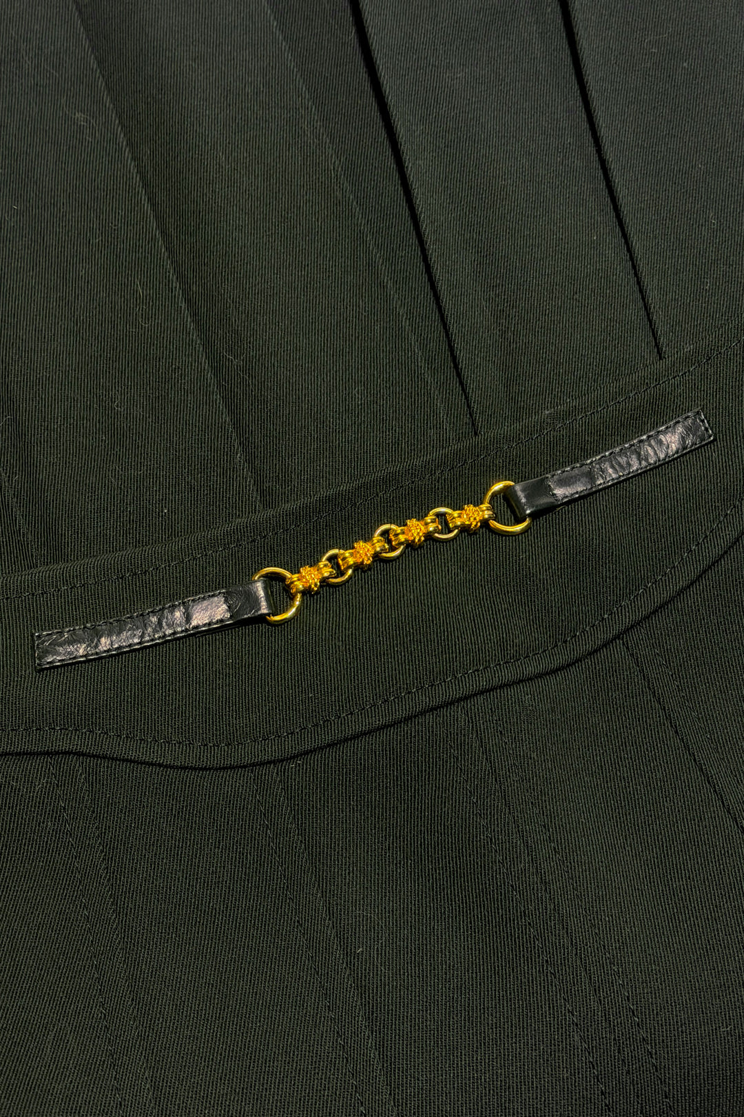 1970’S CELINE MADE IN FRANCE PLEATED HORSEBIT DARK FOREST GREEN TWILL SKIRT SIZE 44