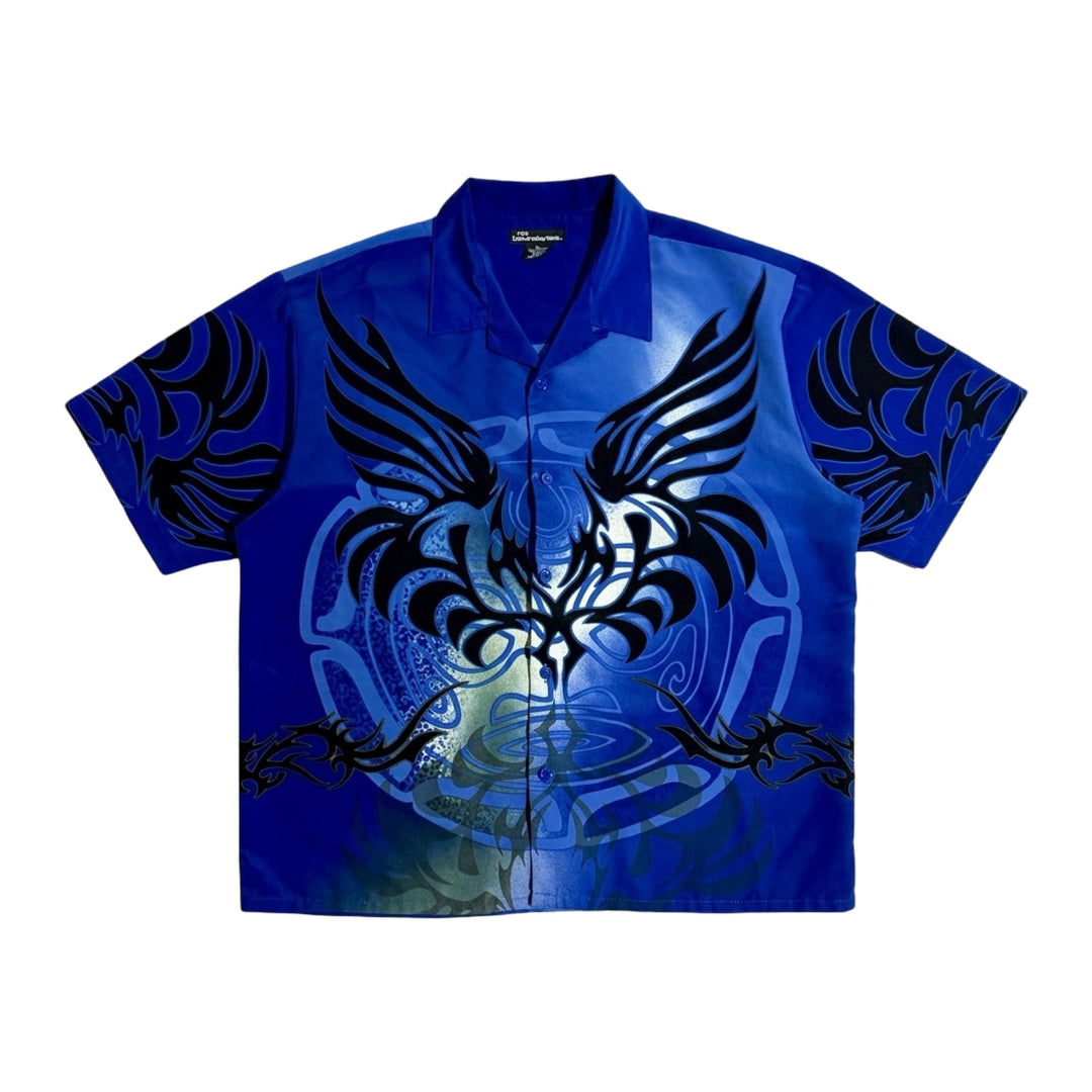 1990’S CYBER SIGIL PRINTED LOOP COLLAR S/S B.D. SHIRT X-LARGE