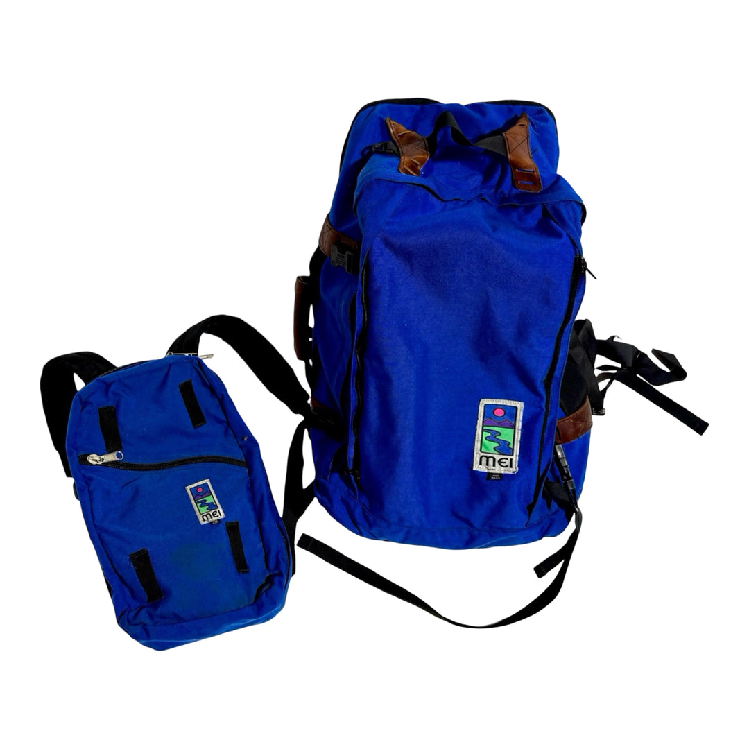 1990’S MEI MADE IN USA BLUE CORDURA 60L CONVERTIBLE DUFFLE / BACKPACK + 15L DAY PACK COMBINATION BAG