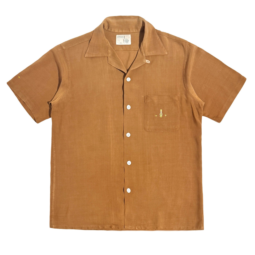 1950’S DONEGAL MADE IN USA SUN FADED CROPPED DRAPEY SELVEDGE RAYON EMBROIDERED LOOP COLLAR S/S B.D. SHIRT MEDIUM