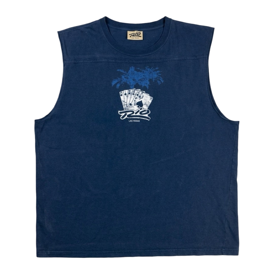 1990’S RIO LAS VEGAS MADE IN USA FADED & THRASHED NAVY TANK TOP X-LARGE