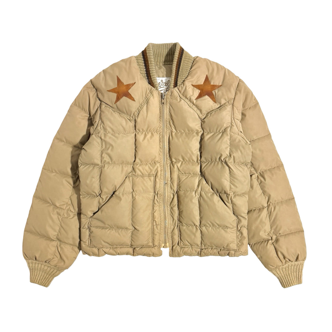 1970’S WALLS WESTERNWEAR MADE IN USE CROPPED WESTERN LEATHER STARS QUILTED GOOSE DOWN BOMBER JACKET LARGE