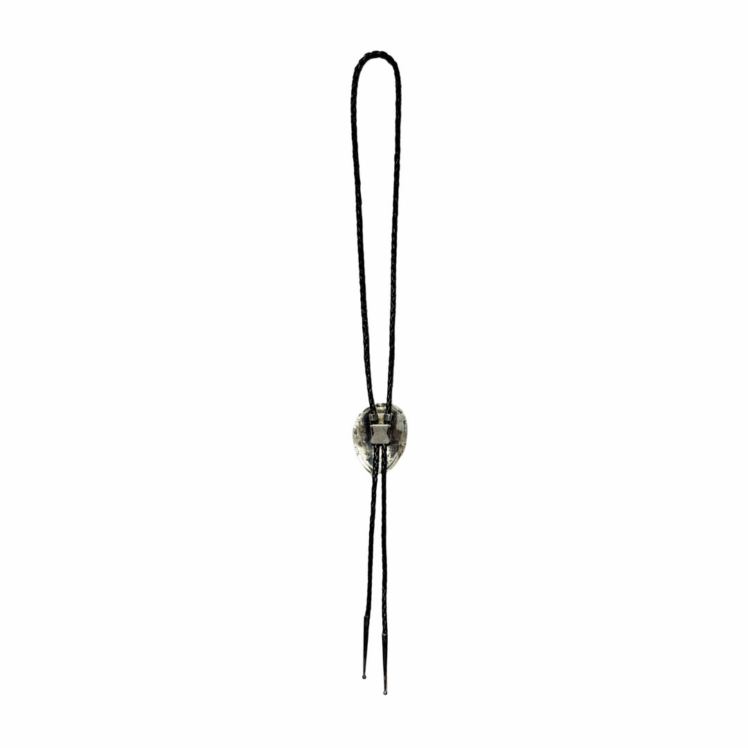 1990’S BRUCE WOOD (NAVAJO, 1974-2017) MASTER SILVERSMITH .925 STERLING SILVER &amp; KINGMAN HIGH GRADE SPIDERWEB MATRIX TURQUOISE CABOCHON BRAIDED LEATHER BOLO TIE