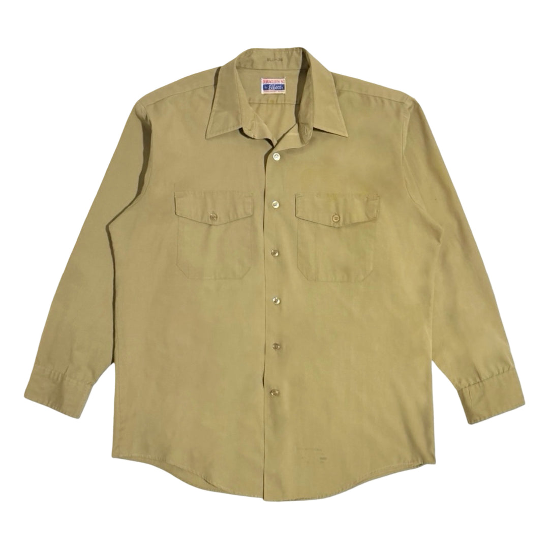 1950’S DURACLOTH BY ELBECO MADE IN USA SELVEDGE KHAKI TWO POCKET WORKWEAR L/S B.D. SHIRT LARGE