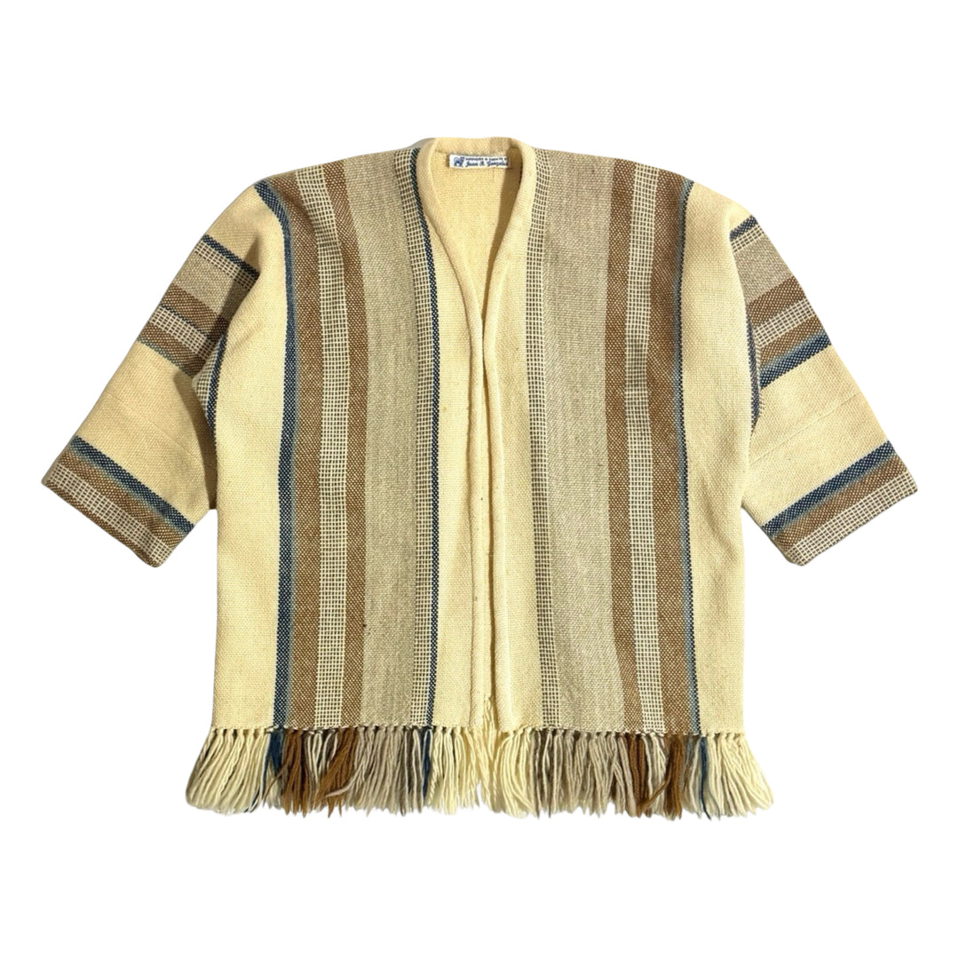 1970’S HAND MADE IN SANTA FE CROPPED ALPACA WOOL STRIPED 3/4 SLEEVE FRINGED BLANKET CARDIGAN SWEATER LARGE