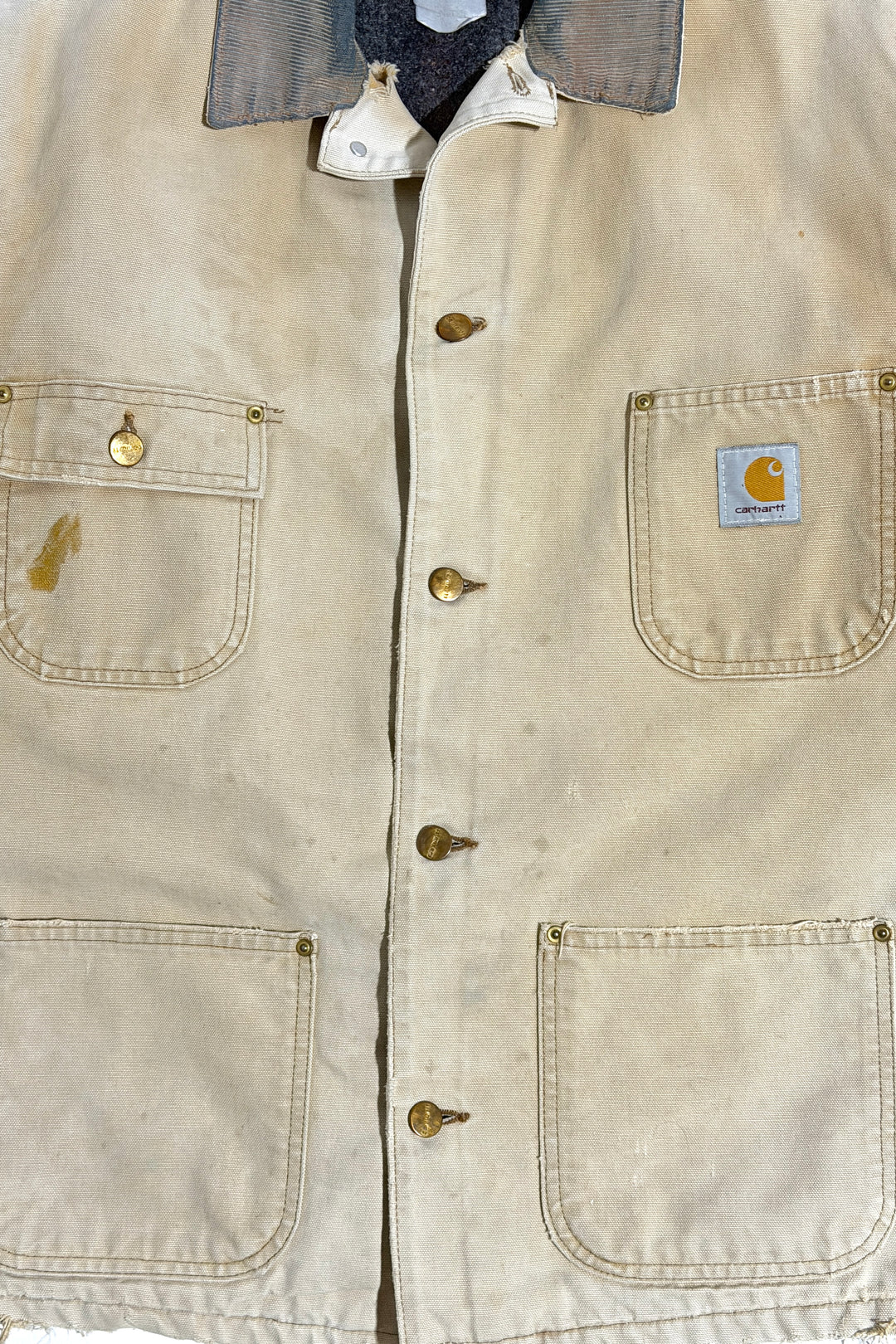 1990’S CARHARTT MADE IN USA THRASHED &amp; FADED DUCK CANVAS CORDUROU COLLAR BARN COAT JACKET X-LARGE