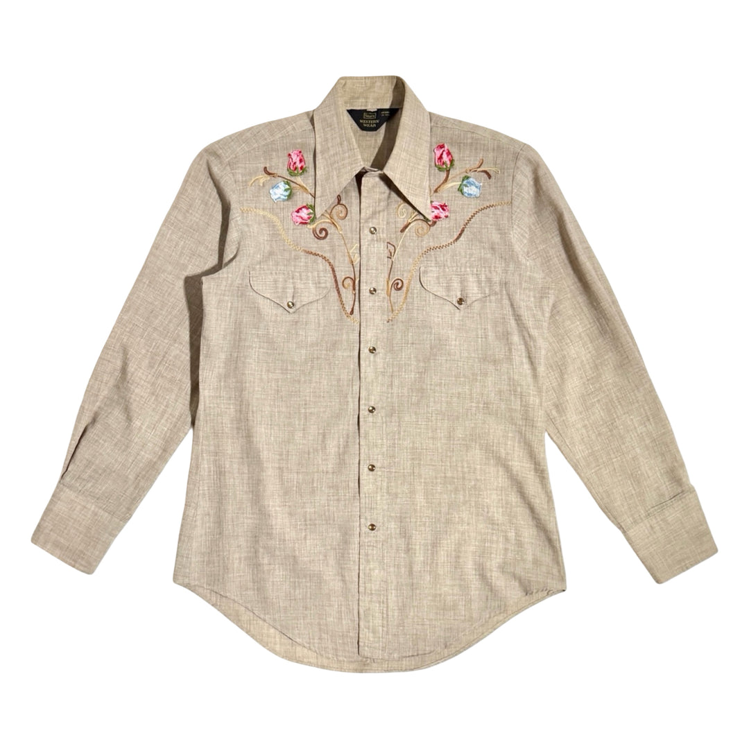 1960’S SEARS WESTERNWEAR MADE IN USA CHAINSTITCHED FLORAL WESTERN PEARL SNAP L/S B.D. SHIRT MEDIUM