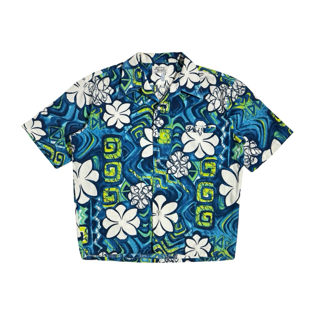 1970’S ALOHA ORIGINALS MADE IN USA CROPPED SELVEDGE BARK CLOTH S/S B.D. SHIRT LARGE