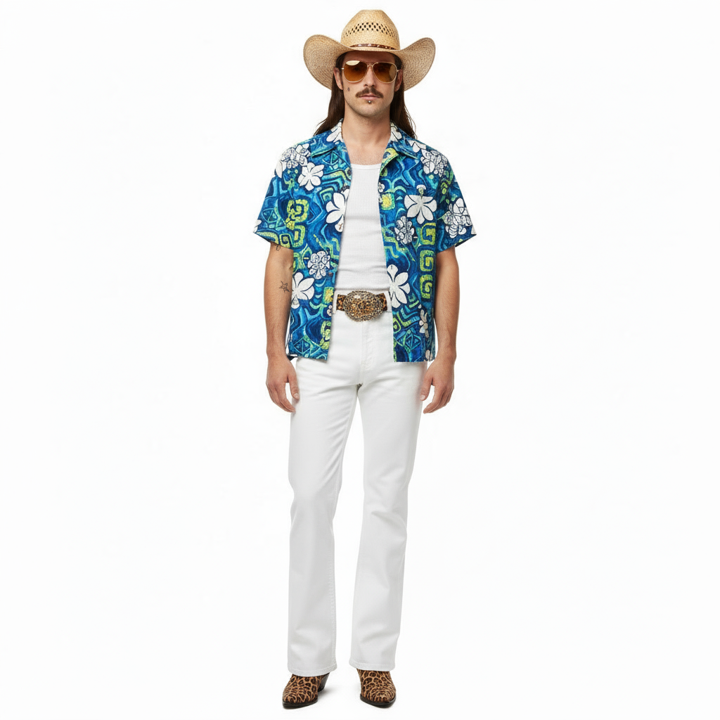 1970’S ALOHA ORIGINALS MADE IN USA CROPPED SELVEDGE BARK CLOTH S/S B.D. SHIRT LARGE