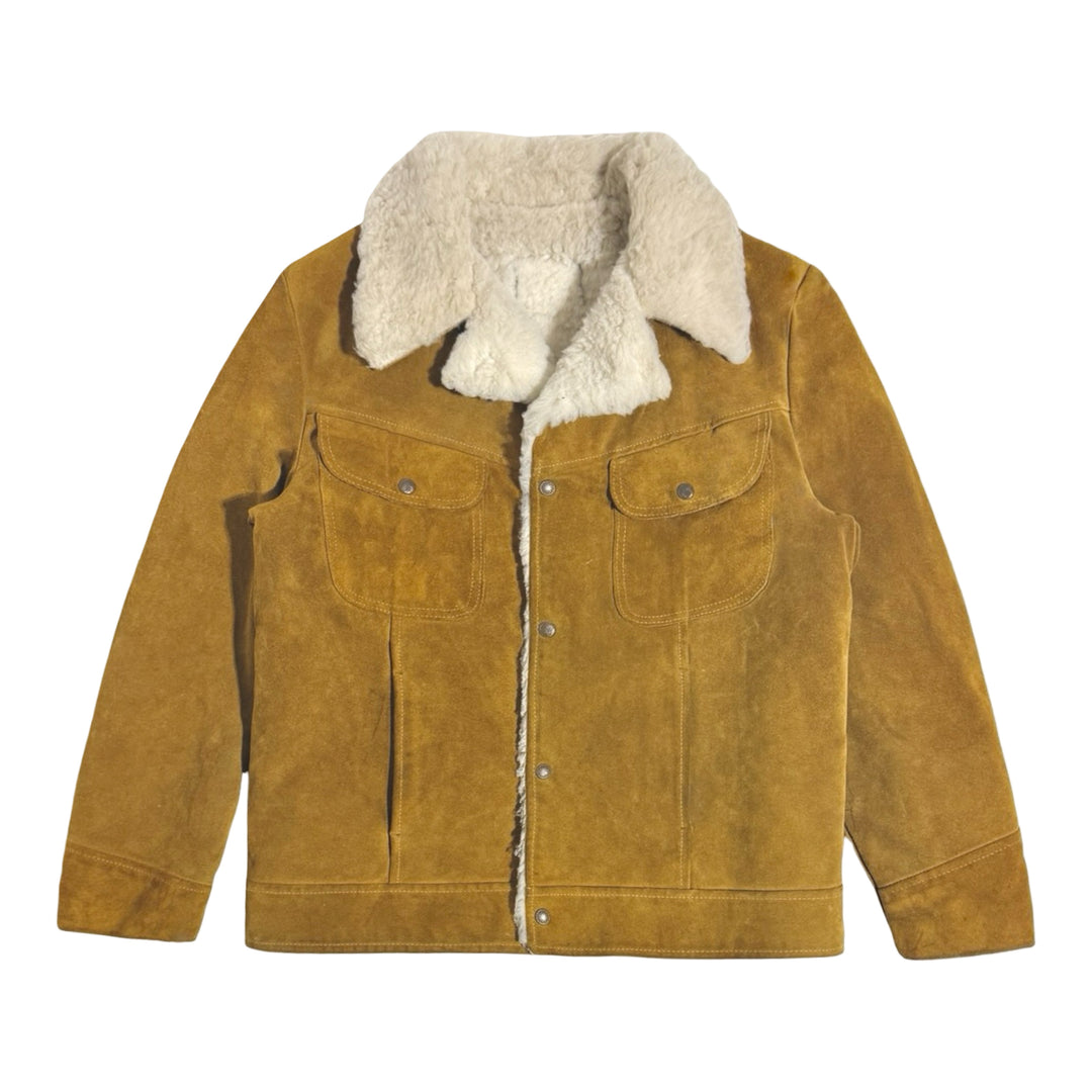 1960’S SUEDE LEATHER MADE IN USA CROPPED SHERPA LINED WESTERN TRUCKER JACKET LARGE