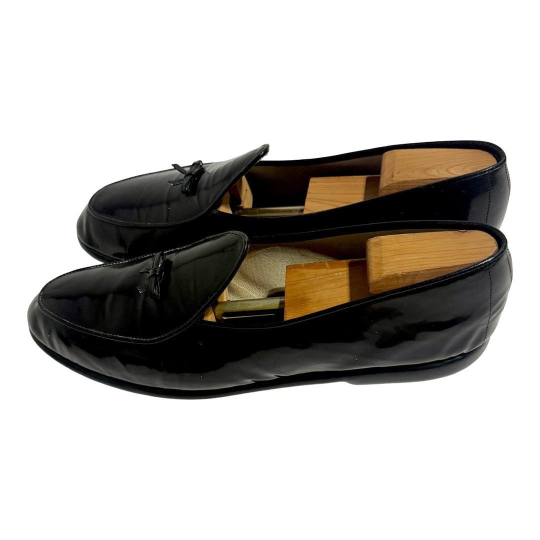 1980’S BELGIAN SHOES MADE IN BELGIUM PATENT LEATHER BOW TIE TUXEDO SLIPPERS US 11 / UK 12
