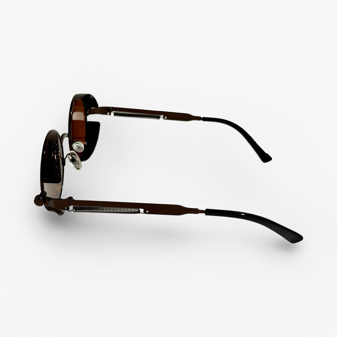 1970’S GUNMETAL FRAME SIDE-SHIELD ROUND BROWN LENS SUNGLASSES