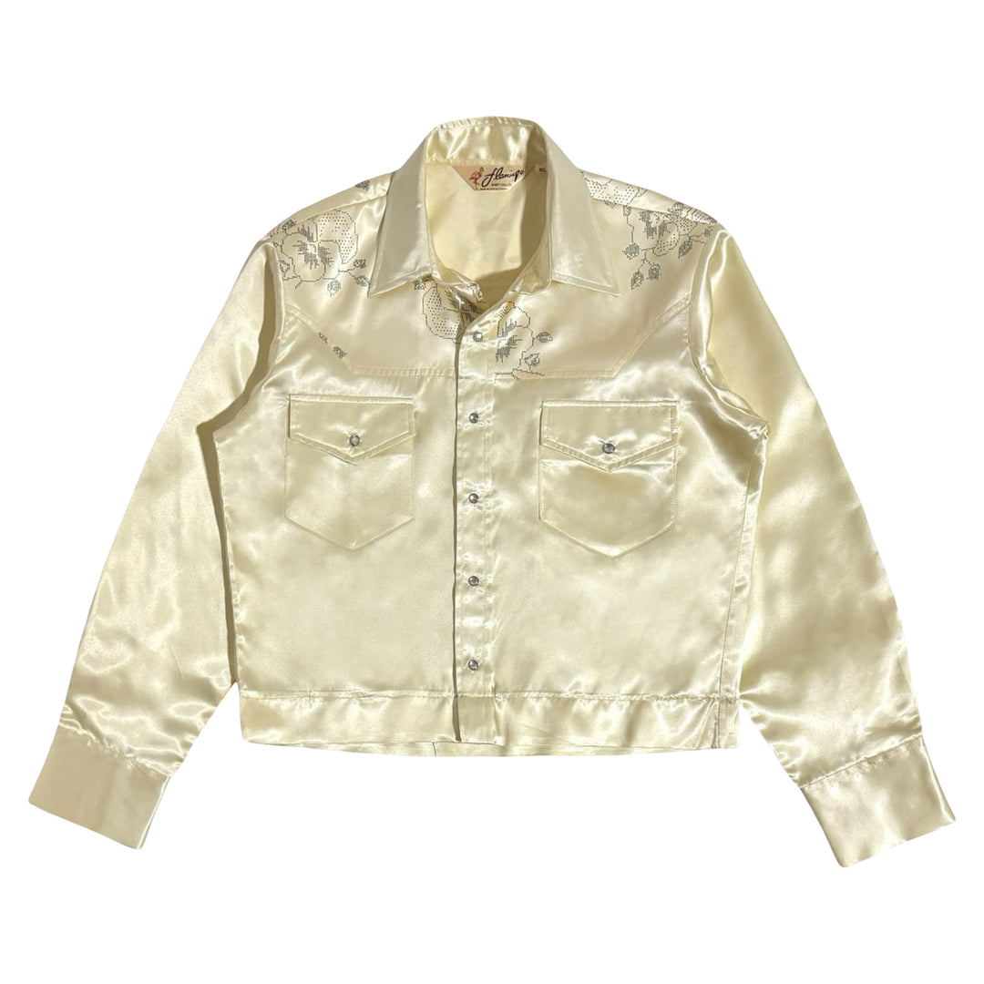 1970’S FLAMINGO MADE IN USA CROPPED SATIN FLORAL PRINT WESTERN PEARL SNAP JACKET LARGE