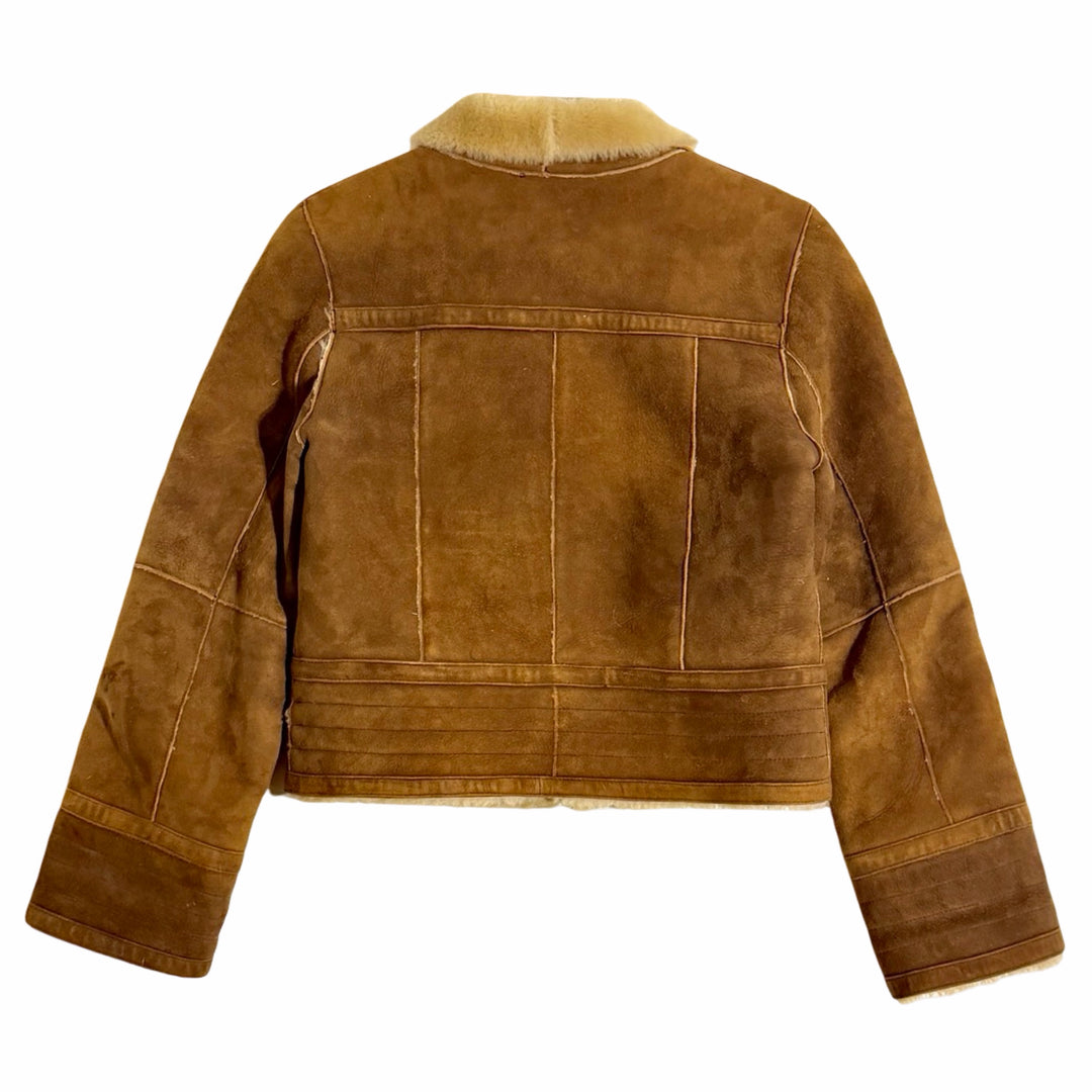 1990’S OVERLAND CROPPED COGNAC BROWN SHEEPSKIN SUEDE &amp; SHEARLING JACKET WOMEN’S MEDIUM / MEN’S SMALL