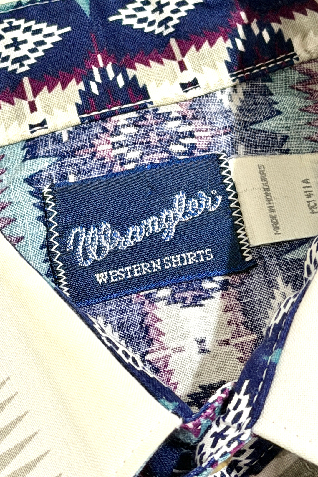 1990’S WRANGLER AZTEC PATTERN STRIPED WESTERN PEARL SNAP L/S B.D. SHIRT LARGE