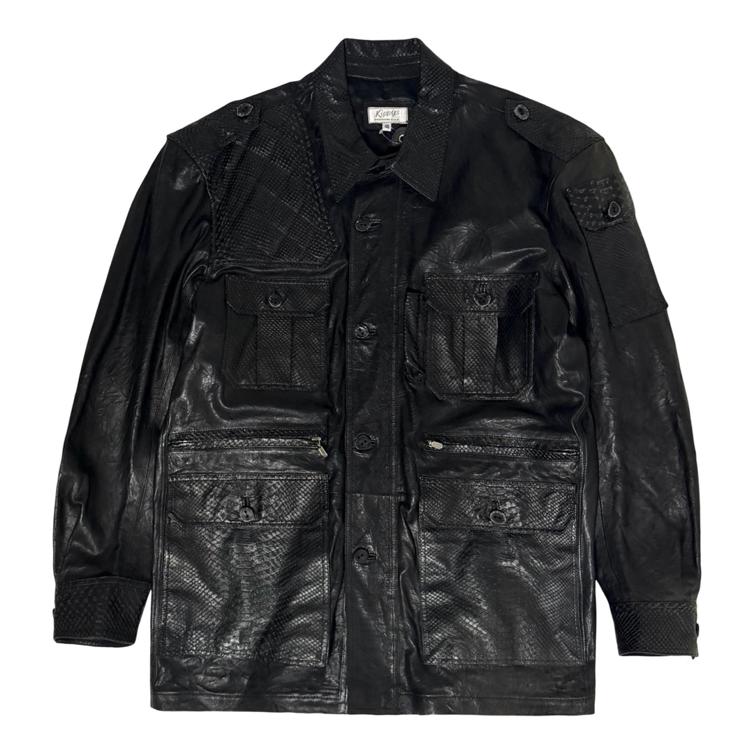 1970’S DEADSTOCK KIPPY’S CORONADO CALIFORNIA MADE IN USA BLACK PYTHON LEATHER SAFARI JACKET LARGE