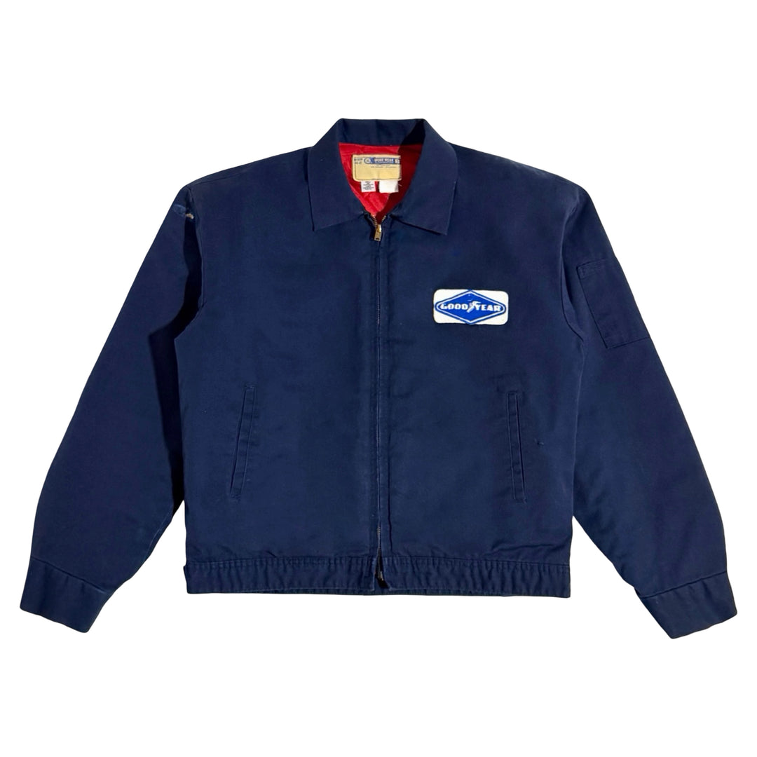 1970’S WORK WEAR CORPORATION MADE IN USA CROPPED THRASHED &amp; FADED NAVY BLUE TWILL “GOODYEAR” GARAGE JACKET LARGE